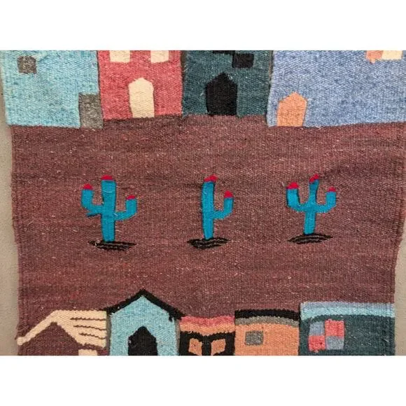 Southwestern Rug Wall Hanging Hand Loomed Woven Landscaping 42x28 Town Scene